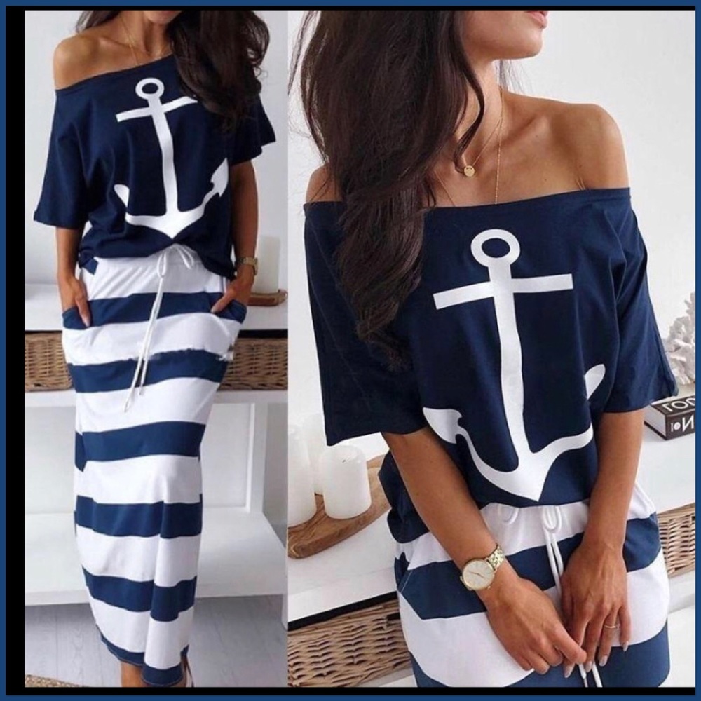 2 piece maxi skirt / t shirt striped anchor print size small - Picture 9 of 15